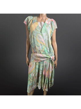 Vintage 80s Rene Derhy Midi Dress floral Watercolor Drop Waist Side Tie size M